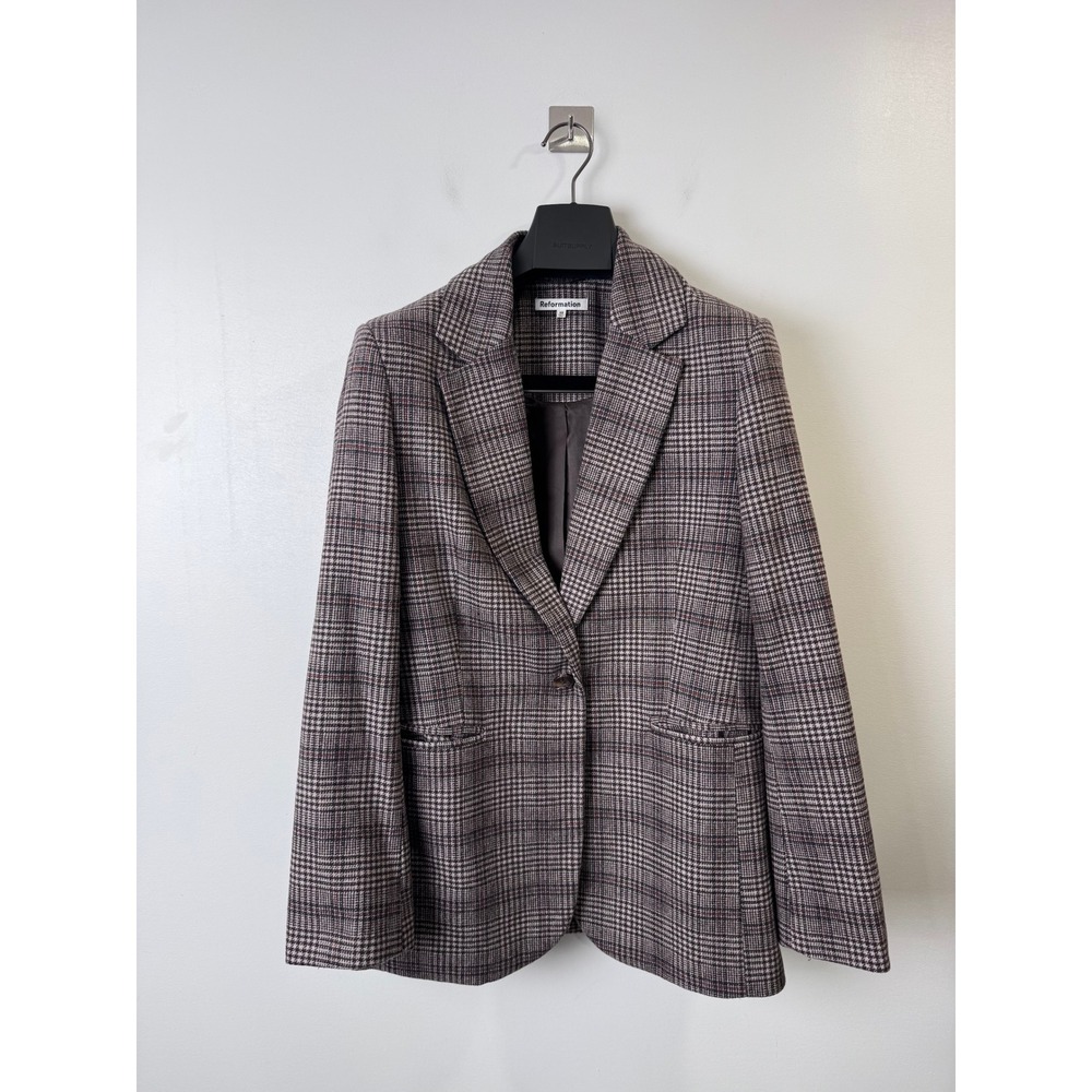 Reformation Women Brown Glen Plaid Wool Blend Blazer Preppy Size XS